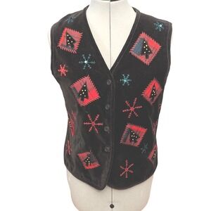 Talbots Holiday Velvet Vest‎ Black Christmas Tree Snowflake Embroidered Small S